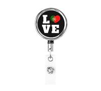 Love Portugal Flag Portuguese Heart Heavy Duty Metal Badge Holder Reel, Retractable Badge Holder with Belt Clip for Key Name Card Holder Employee Teacher