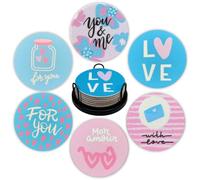 Love & Romance Felt Coasters Set of 6, Round Absorbent Drink Coasters, Non-Slip Cork Backing, Removable Holder