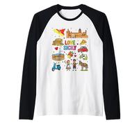 Love Sicily, map, Sicilian Culture, Italian Island Landmarks Raglan Baseball Tee