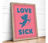 Love Sick Cupid Typography Framed Wall Art Print A4 Oak