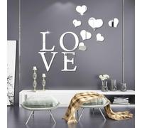 Love Sign Letters Mirror Wall Sticker, Self-Adhesive Love Heart Acrylic Mirror Wall Sticker Wall Art Decor DIY Home Decoration Heart Mirror Wall Decal Art Mural for Living Room Bedroom Office (Silver)