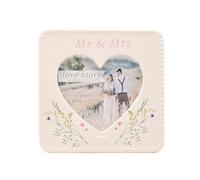 Love Story Mr & Mrs Ceramic Photo Frame - 4x4 Heart-Shaped Wedding Picture Frame | Floral Design Keepsake Gift for Couples, Engagements & Anniversaries | Romantic Home Decor
