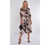 Love Sunshine Beige Abstract Print Half Sleeve Black Midi Shirt Dress Beige