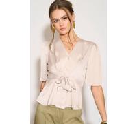 Love Sunshine Beige Short Sleeve Knotted Crepe Satin Top Beige 8