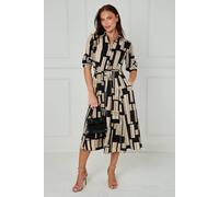 Love Sunshine Black And Stone Geometric Stripe Print Midi Shirt Dress In Beige Beige 14