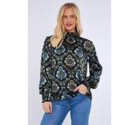 Love Sunshine Black Baroque Floral Print Shirred Waist Blouse Black