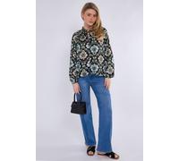 Love Sunshine Black Baroque Floral Print Tie Lace Satin Blouse Black