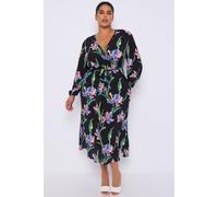 Love Sunshine Black Floral Crossover Belted Midi Dress Black 14