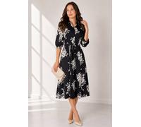 Love Sunshine Black Ivory Bouquet Print Belted Midi Shirt Dress Black