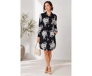 Love Sunshine Black Ivory Bouquet Print Belted Shirt Dress Black