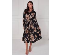 Love Sunshine Black Mocha Statement Floral Midi Shirt Dress Black 16