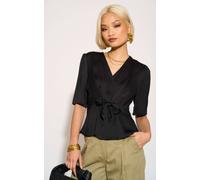 Love Sunshine Black Short Sleeve Knotted Crepe Satin Top Black 14