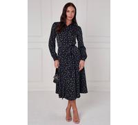 Love Sunshine Black Teal Abstract Petal Print Midi Shirt Dress Black
