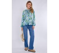 Love Sunshine Blue And Green Tie Dye Print Tie Lace Satin Blouse Blue