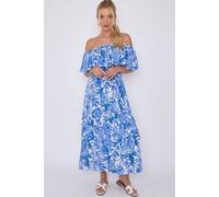 Love Sunshine Blue Leaf Floral Print Bardot Maxi Dress Blue S