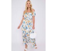 Love Sunshine Blue Mustard Floral Print Bardot Maxi Dress In White White 14