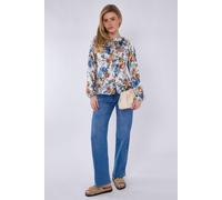 Love Sunshine Blue Roses Print Tie Lace Satin Blouse Multi S