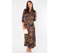 Love Sunshine Brown And Black Abstract Floral Print Satin Maxi Shirt Dress Black 14