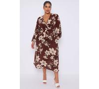 Love Sunshine Brown Floral Print Crossover Midi Dress Brown 16