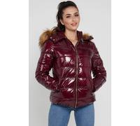 Love Sunshine Elastic Waist Shiny Puffer Jacket With Faux Fur On Hood In Burgundy Burgundy 10