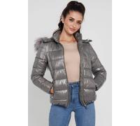 Love Sunshine Elastic Waist Shiny Puffer Jacket With Faux Fur On Hood In Grey Grey 8