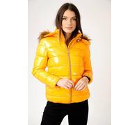 Love Sunshine Elastic Waist Shiny Puffer Jacket With Faux Fur On Hood In Mustard Mustard 14
