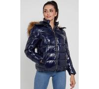 Love Sunshine Elastic Waist Shiny Puffer Jacket With Faux Fur On Hood In Navy Navy