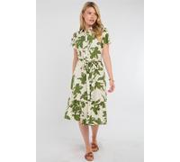 Love Sunshine Green Botanical Leaf Print Tiered Midi Shirt Dress Green
