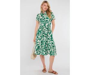 Love Sunshine Green Leaf Print Linen-Blend Midi Shirt Dress Green