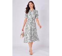 Love Sunshine Green Leaf Print Tie Waist Midi Dress Green