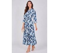 Love Sunshine Ivory Blue Botanical Print Tie Waist Maxi Dress Blue