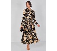 Love Sunshine Midnight Bloom Printed Belted Maxi Shirt Dress In Black Black