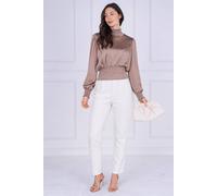 Love Sunshine Mocha Creased Satin Shirred Waist Top In Taupe Taupe