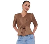 Love Sunshine Mocha Short Sleeve Knotted Crepe Satin Top Brown / 16