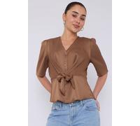 Love Sunshine Mocha Short Sleeve Knotted Crepe Satin Top In Brown Brown 14