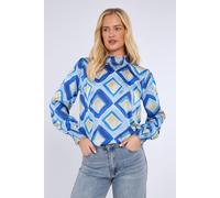 Love Sunshine Mosaic Print Shirred Neck Satin Top In Blue Blue S