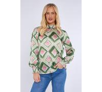 Love Sunshine Mosaic Print Shirred Neck Satin Top In Green Green S