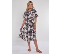 Love Sunshine Navy Abstract Print Short Sleeve Midi Dress In Beige Beige S