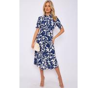 Love Sunshine Navy Floral Print Baloon Sleeve Knot Waist Midi Dress In Blue Blue