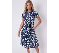 Love Sunshine Navy Leaf Printed Frilled Hem Midi Dress Navy