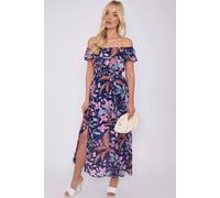 Love Sunshine Navy Palm Leaf Print Chiffon Bardot Maxi Dress Navy 8