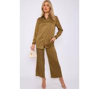 Love Sunshine Olive Crepe Satin Co-Ord Shirt And Trousers Set In Green Green