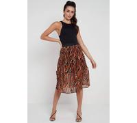 Love Sunshine Rust Zebra Printed Gold Striped Tiered Midi Skirt In Maroon Maroon 10
