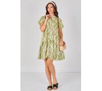 Love Sunshine Sage Leaf Pattern Print Tiered Mini Dress In Green Green