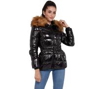 LOVE SUNSHINE Shiny Black Belted Puffer Coat with Faux Fur hood Black / 8