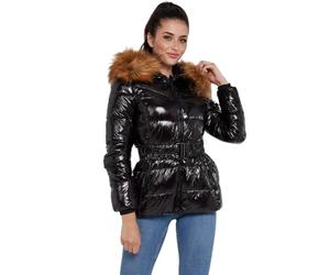 LOVE SUNSHINE Shiny Black Belted Puffer Coat with Faux Fur hood Black / 8