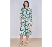 Love Sunshine Teal Leaf Print Belted Midi Shirt Dress Teal