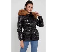 Love Sunshine Wet Look Belted Puffer Coat With Faux Fur Hood In Black Black