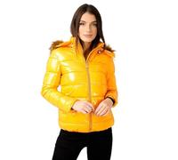 Love Sunshine Wet Look Padded Jacket with Faux Fur Hood in Shiny Mustard Yellow / 10