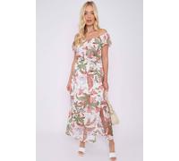 Love Sunshine White Palm Leaf Print Chiffon Bardot Maxi Dress Multi 10